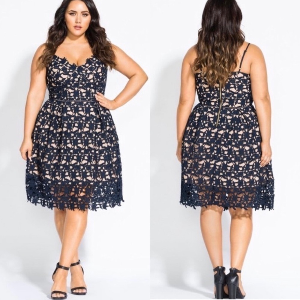 NWT City Chic So Fancy Illusion Lace Midi Dress In Navy Blue